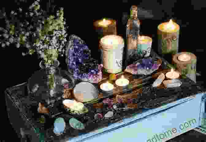 A Photo Of An Altar Decorated With Crystals, Candles, And Plants, Representing Green Witchcraft Practices Earth Magic: Harnessing The Power Of Green Witchcraft Herbs Plants Essential Oils And Natural Spells (Elemental Magic)